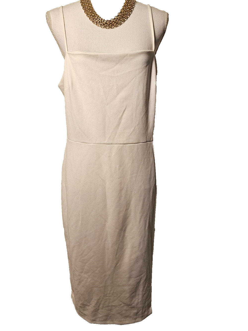 NWT Express Womens White Fully Lined Spaghetti Strap Pencil Knee Dress Slit 14